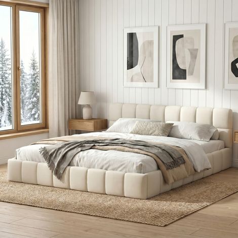 Lit adulte 140x190, lit double avec dossier moelleux, lit plat avec bordure rembourrée, tissu lin, sommier à lattes inclu(140x190, Beige)