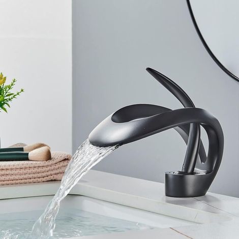 Robinet mélangeur levier unique noir – Laiton durable – Orifice cascade – Montage trou unique – Pour lavabo