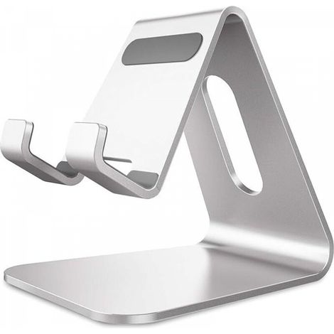 Support de téléphone, support de bureau en aluminium compatible avec iPhone 16, 15, 14, 13, 12, Mini Pro Max, XS Max, XR, X, SE, 8, 7, 6, 6S Plus, Huawei Mate 60 Pro, Samsung S23, S22, S21 - Argent (1/5)