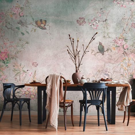 Fotomural Profhome 399201 papel pintado vinílico estampado en caliente tejido non tejido liso con dibujo floral mate gris azul rosa 3,71 m x 2,8 m