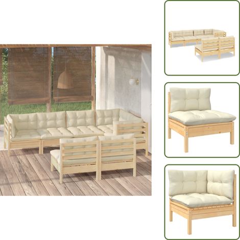 7-tlg. Garten-Lounge-Set mit Creme Kissen Massivholz Kiefer - Garten Lounge Set - Esszimmergarnitur - Outdoor Möbel - Gartenmöbel - Rattan Sessel (1/5)