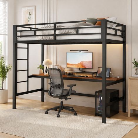 Cama alta de metal negra 90x200 cm con escritorio integrado, escalera, barandilla y luz LED (1/5)