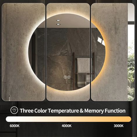Miroir de salle de bain LED rond 70 cm, rétroéclairé, anti-buée, 3 températures de couleur, variateur sans paliers, fonction mémoire, interrupteur tactile, miroir argent HD sans cuivre 5 mm (1/5)