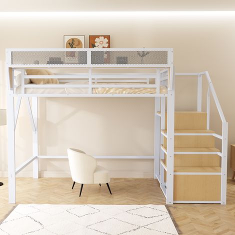 Lit mezzanine 140x200 cm avec échelle sécurisée et rangement modulable, structure en acier blanc, couchage adulte, lit surélevé enfant, mobilier compact (1/5)