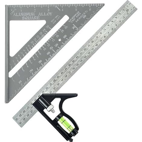 Équerre de charpentier, outil carré de 7 pouces avec règle d'angle 12 pouces, outils charpentier en métal précis pour le travail du bois, équerre mesure vitesse avec niveau à bulle. (1/5)