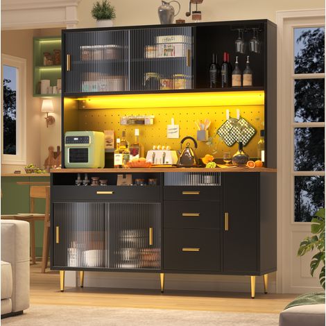 Aparador alto negro 145 x 39 x 171 cm con LED, puertas correderas de vidrio, OKWISH (1/5)