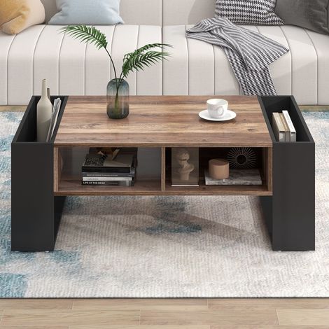 Table basse grain de bois, avec 1 tiroir sans poignée, 1 rangement et 1 rangement arrière, rangements réversibles, rangements des 2 côtés - Anthracite (1/5)