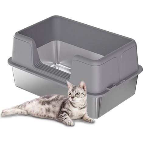 Litiere pour Chat Acier Inoxydable, XXL Bac à Litière pour Chat, Semi-fermée Caisse Litter Box, Anti-Fuite, Amovible Maisons de Toilette pour Chats,60x40x36.5 cm,Gris (1/5)