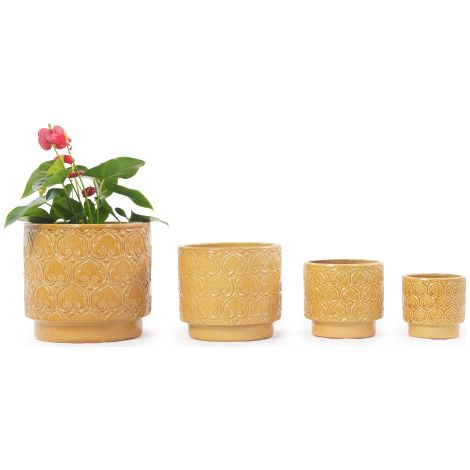 Pot de fleurs en céramique artisanale Ø 38 cm, jaune chaud brillant orné d'un cœur rond en relief, respirant, résistant au gel avec trou de drainage, pour grandes plantes d'intérieur et de jardin – 1 (1/5)