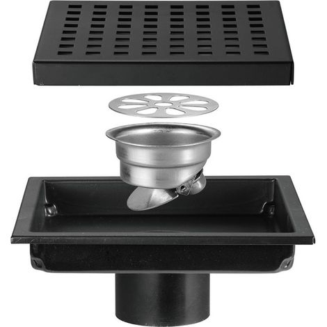 Caniveau de douche Siphon de Sol Siphon De Sol en Acier Inoxydable Salle De Douche Salle De Bain Grand Déplacement Treillis Carré Déodorant Siphon De Sol (Color:noir, Size : 15 x 15cm)- (1/5)