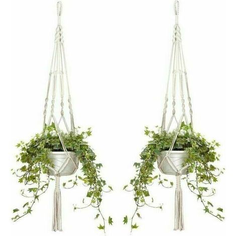 Lot de 4 Paniers Suspendus en Macramé Corde de Coton Pot de Fleur Jardinière Paniers Suspendus pour Intérieur et Extérieur Plafond/Balcon/Mur Décoration, 105 cm, 4 Cordes, Blanc,Autre déco murale