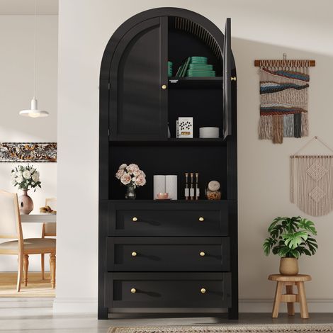 Armoire haute cintrée 70x35x180cm meuble rangement avec tiroirs portes et étagères ouvertes - mdf - noir (1/5)