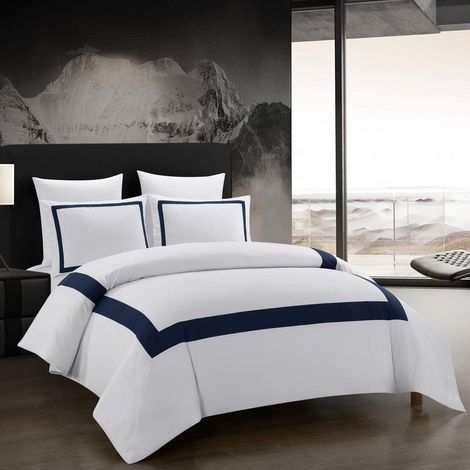 Housse de Couette 220x240cm Parure de Lit Hôtel Microfibre Lavé Confort et Douce Fermeture éclair Métallique Maison avec Taie d'oreiller 50x75cm, Marine (1/5)