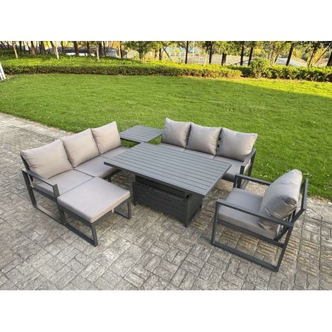 Fimous Aluminium Garden Furniture Sets,8 Seater Outdoor Sofa Dining Set with Adjustable Rising Lifting Dining Table Side Table Big Footstool for Yard,Poolside, Patio, Dark Grey (1/5)