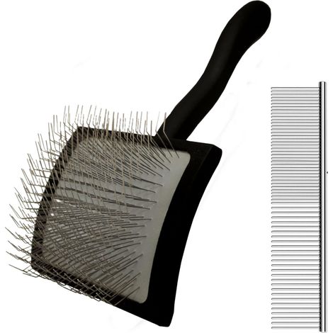 Entwirrungsbürste für Hunde und Katzen – Kamm gegen lose Haare und für mehr Volumen bei Pudeln, Bichons und Haustieren – Modell mit schwarzem gebogenem Griff und LSW-Kamm