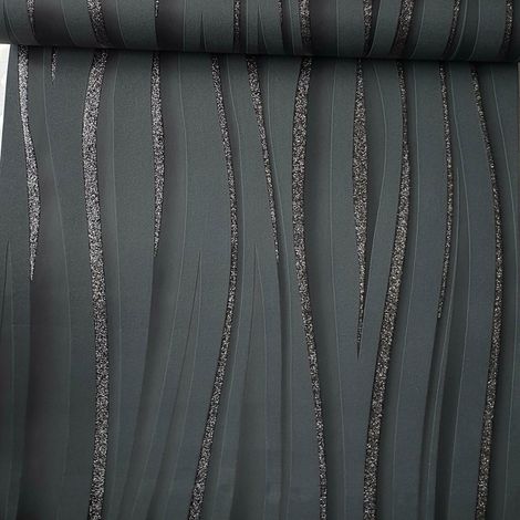 GLITTER SPARKLE CHARCOAL BLACK TEXTURED WAVE VINYL FEATURE WALLPAPER 3D GLITTER