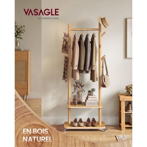 Portemanteau en Bois, 1 Tringle, 2 Étagères et 7 Crochets, Roulettes Amovibles, pour Entrée, Chambre, Couleur Naturelle (1/5)