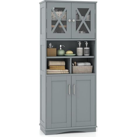 Costway – Armoire murale de salle de bain 145 cm – 2 portes en acrylique – 3 étagères réglables – MDF gris – Colonne autoportante pour salon et cuisine (1/5)
