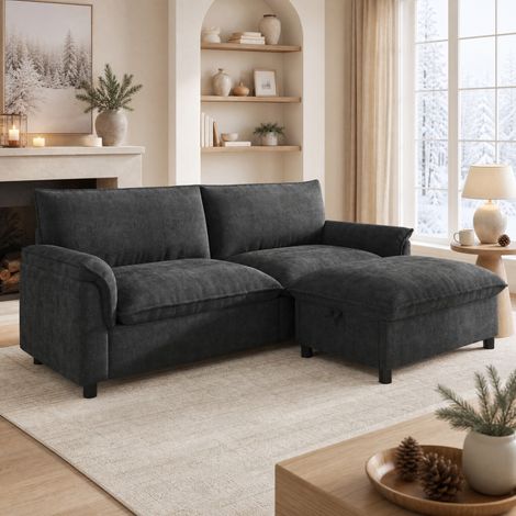 Sofá esquinero modular 216 x 77 x 82 cm con 1 puf móvil, respaldo alto, chenilla gris DESVIAE (1/5)