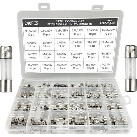 24 Valeurs 240 pcs Kit d'assortiment de Fusibles à action lente 5x20mm 250V 0.1/0.2/0.25/0.3/0.5/0.75/1/1.5/2/2.5/3/3.15/4/5/6/6.3/7/8/10/12/15/20/25/30A -boîte en plastique transparente (1/5)
