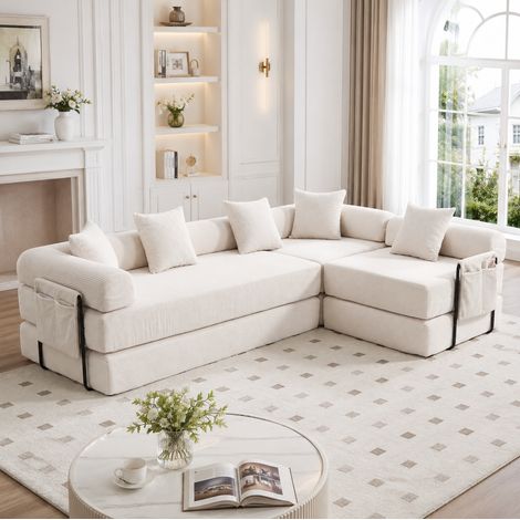 Sofá modular cama (270x180x64 cm), con bolsillo lateral, convertible, de corduroy beige (1/5)