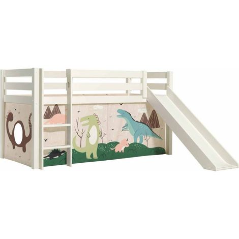 Lit Enfant Surélevé Avec Toboggan "Pino Dino" 90x200cm Blanc (1/2)