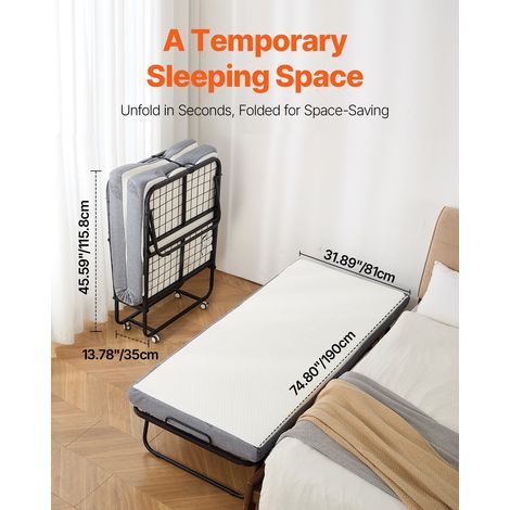 Lit d'Appoint Pliant 79 x 190 cm, Taille Jumeau, avec Cadre en Métal Robuste et Matelas en Mousse à Mémoire de Forme de 12,5 cm d’É… (1/5)