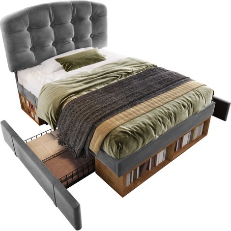 Polsterbett 90x200 Samt Grau mit Schubladen und Lattenrost, Einzelbett Jugendbett mit höhenverstellbarem Kopfteil und viel Stauraum (1/5)