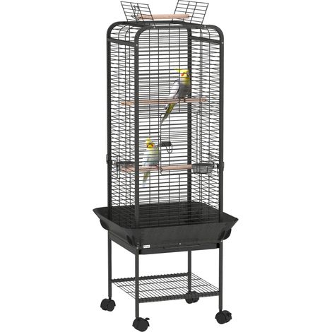 Gabbia pappagallo con ruote, trespoli, mangiatoie, ripiano, vassoio rimovibile, 62,5x62,5x146 cm, grigio scuro
