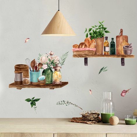 Ensemble de 2 Cuisine Floral Vaisselle Motif Salle À Manger Aménagement Amovible Décoratif PVC Stickers Muraux Salon Chambre AutoAdhésif Artwork