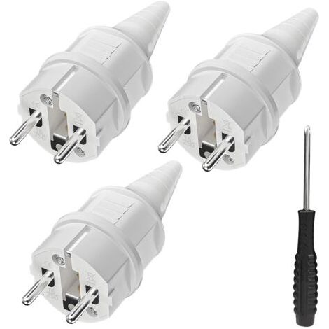 3 fiches de contact de protection avec protection anti-torsion, 250 V (16 A), résistantes aux projections d'eau et longue durée, IP44, blanches. (1/5)