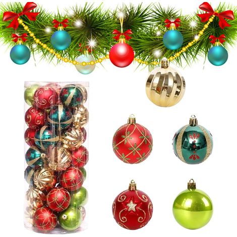 Lot de 30 boules de Noël en plastique, 6 cm, décorations d'arbre, ornements de sapin assortis rouge, vert et doré pour fêtes, mariage et anniversaire. (1/5)