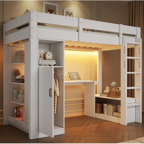 Cama alta 90/200 cm blanca con escritorio, armario, cajones, estantes, LED y USB (1/5)