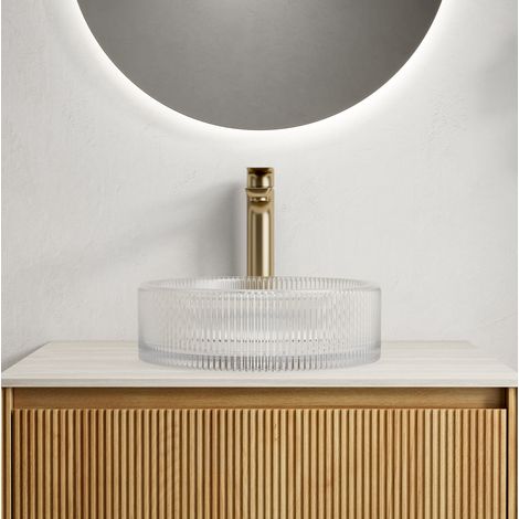 Lavabo da appoggio rotondo in vetro cristallo trasparente 36 cm con decoro a righe artistiche (1/5)