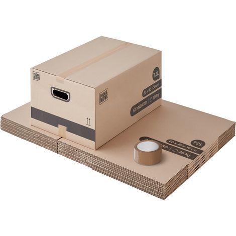 Lot de 10 cartons de déménagement M – 60 x 40 x 30 cm – Poignées renforcées – Supporte jusqu'à 20 kg – Adhésif inclus – Pack And Move