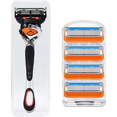 rasoir electriques hommes-Lames de rasoir manuel 5 plis pour hommes - Compatibles avec les rasoirs Gillette (1 paquet de 4 lames orange 5 plis + 1 manche de rasoir en plastique + boîte de rangement)