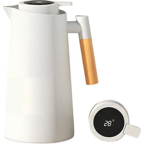 BelleRise - Pichet Isotherme, 1L Carafe à Café Thermique, Thermos Sous Vide Isolé, Manche En Bois, Pour Le Café Au Thé Chaud Et Froid(Blanc) (1/5)