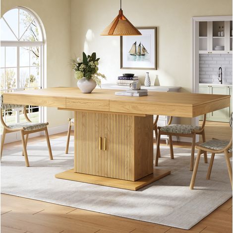 Tavolo da pranzo allungabile 140-180x90 cm con vano contenitore integrato e ante scanalate, MDF effetto legno (1/5)