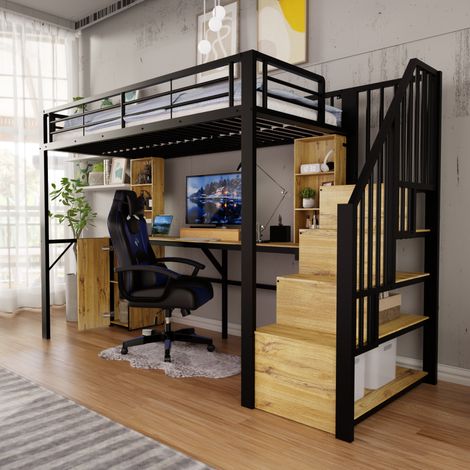 Cama alta 90x200 cm con escritorio, almacenamiento, escalera con cajones y USB, metal y madera negra (1/5)