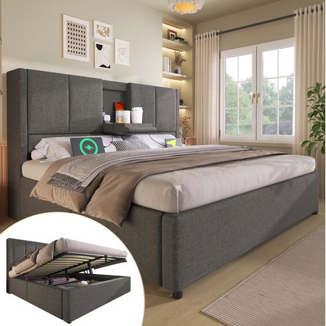 Polsterbett Leinen Grau 140x200 cm mit Stauraum, USB-/Type-C-Ladestation und klappbarem Becherhalter (1/5)