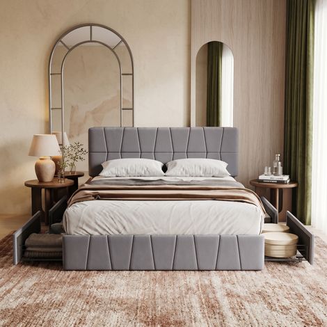 SYEKLAOO--Lit Double Rembourré avec tête de lit rembourrée et sommier à lattes, lit double avec tiroirs pour Adultes,Lit en Bois et Métal, velours, Beige,160x200 cm (1/5)