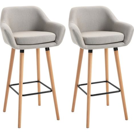 Lot de 2 tabourets de bar modernes avec assise tissu rembourrée, structure métallique et pieds en bois massif, couleur beige