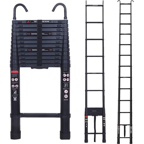 Telescoping Extension Ladder 16.5FT Aluminum Black Folding Ladder Loft Attic Ladder with 2 Detachable Hooks Non-Slip Securing Strap Easy to Store Multi Use for Outdoor Indoor Use EN131 Safe Standard (1/5)