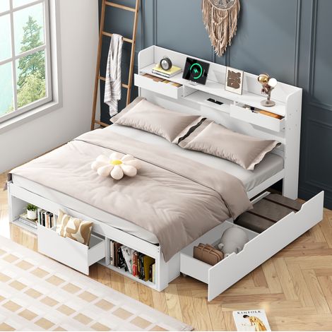 MEUBLIV Lit enfant et adolescent 140 x 200 cm avec port USB port Type C rangement intégré tiroirs et placards blanc en pin (1/5)