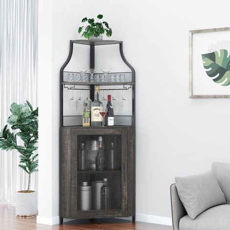 Meuble Bar à Vin d'Angle avec Porte Grillagée, Porte-Verres et 2 Étagères, Chêne Rustique Foncé (1/5)