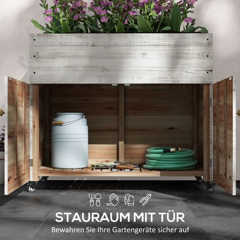 Plateau de jardin sur roues, compartiment de rangement, revêtement intérieur, style vintage, 110x50x95 cm, Blanc (1/5)