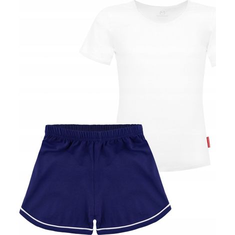 Ensemble de sport pour filles : chemisier blanc et short bleu marine. Ensemble de sport 158 pour filles : chemisier blanc et short bleu marine.