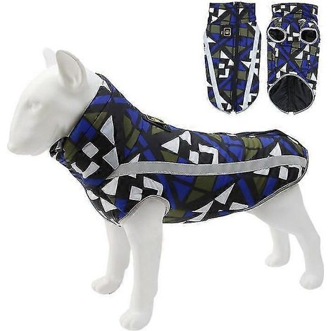 Ropa de invierno para perros: Chaqueta cálida impermeable para bulldog francés, chaleco para perros pequeños, medianos y grandes, estampado geométrico azul. (1/5)