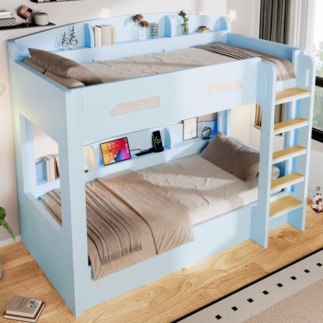 Letto a castello 90x200 cm con porta USB, contenitore laterale, per camera da letto, struttura in legno massello e MDF - azzurro (1/5)