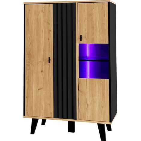 Vitrina y aparador con LED, 80 x 120 x 40 cm, negro y madera, aglomerado y vidrio (1/5)